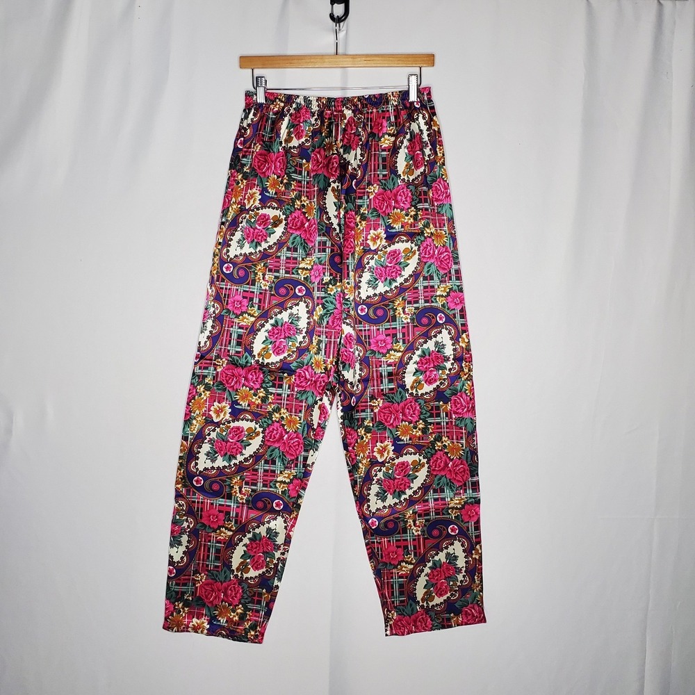 Vintage Satin Paisley Floral Plaid Pants Women Sm Old‎ Money Grandma Cottagecore
